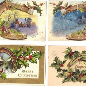 Lot of 4 Antique Christmas Postcards with Horseshoes  - Lot 1029